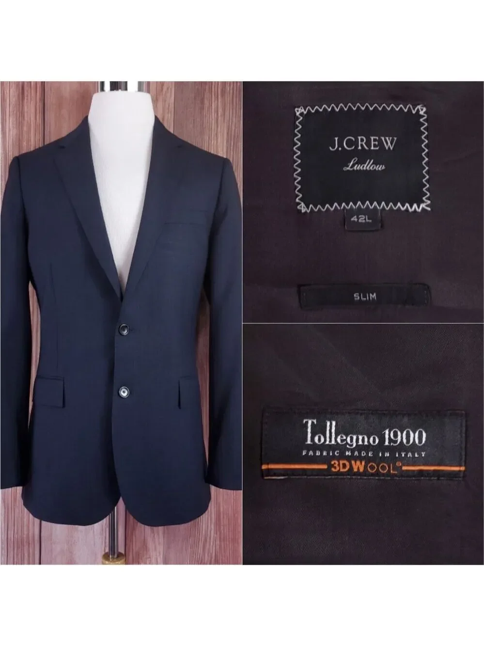 J. Crew Ludlow Slim fit Suit Jacket 42L Tollegno 1900 Italian 3D Wool Navy J3272